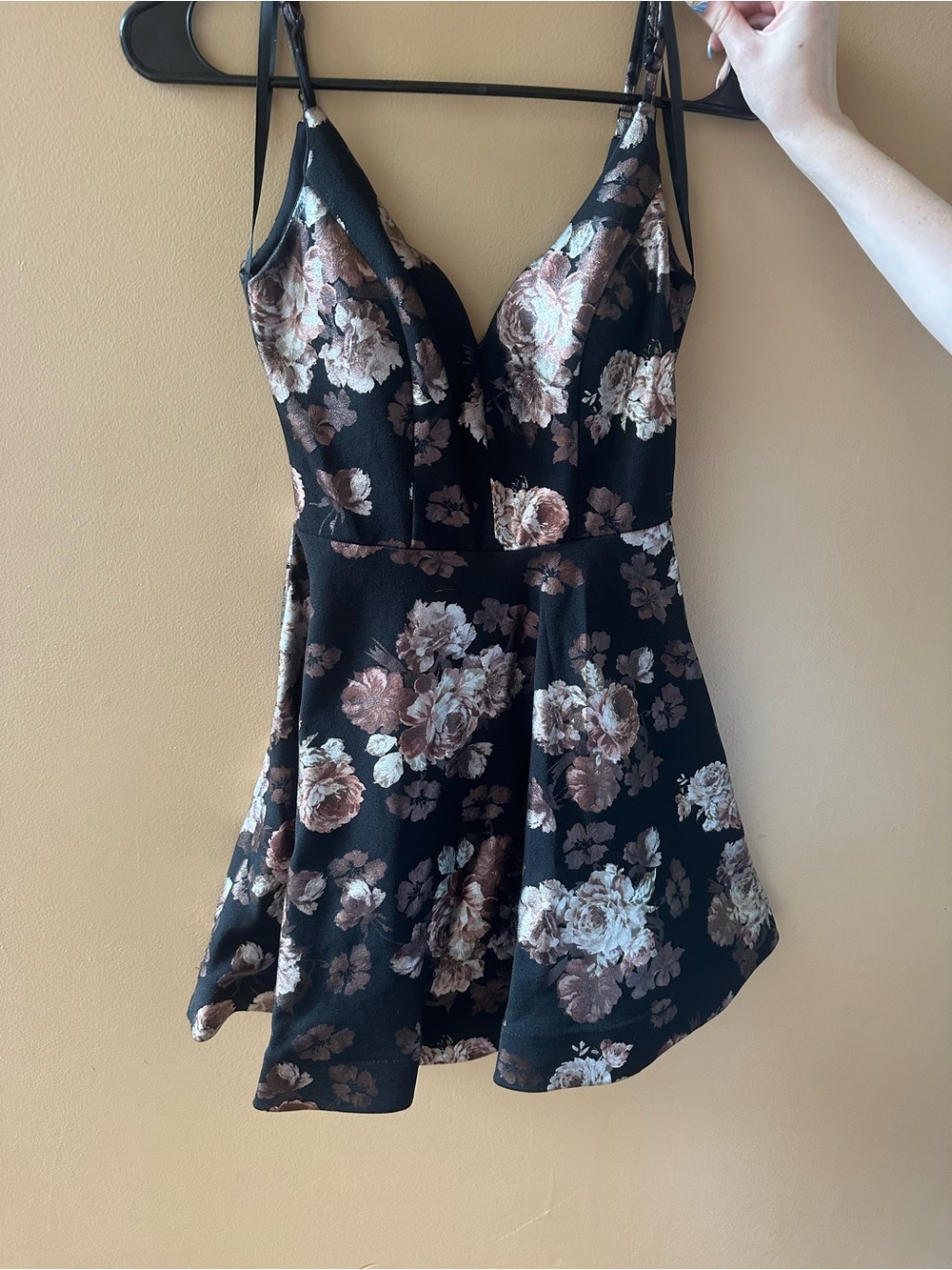 Floral V-Neck Black & Brown Fit-and-Flare Women's Dress